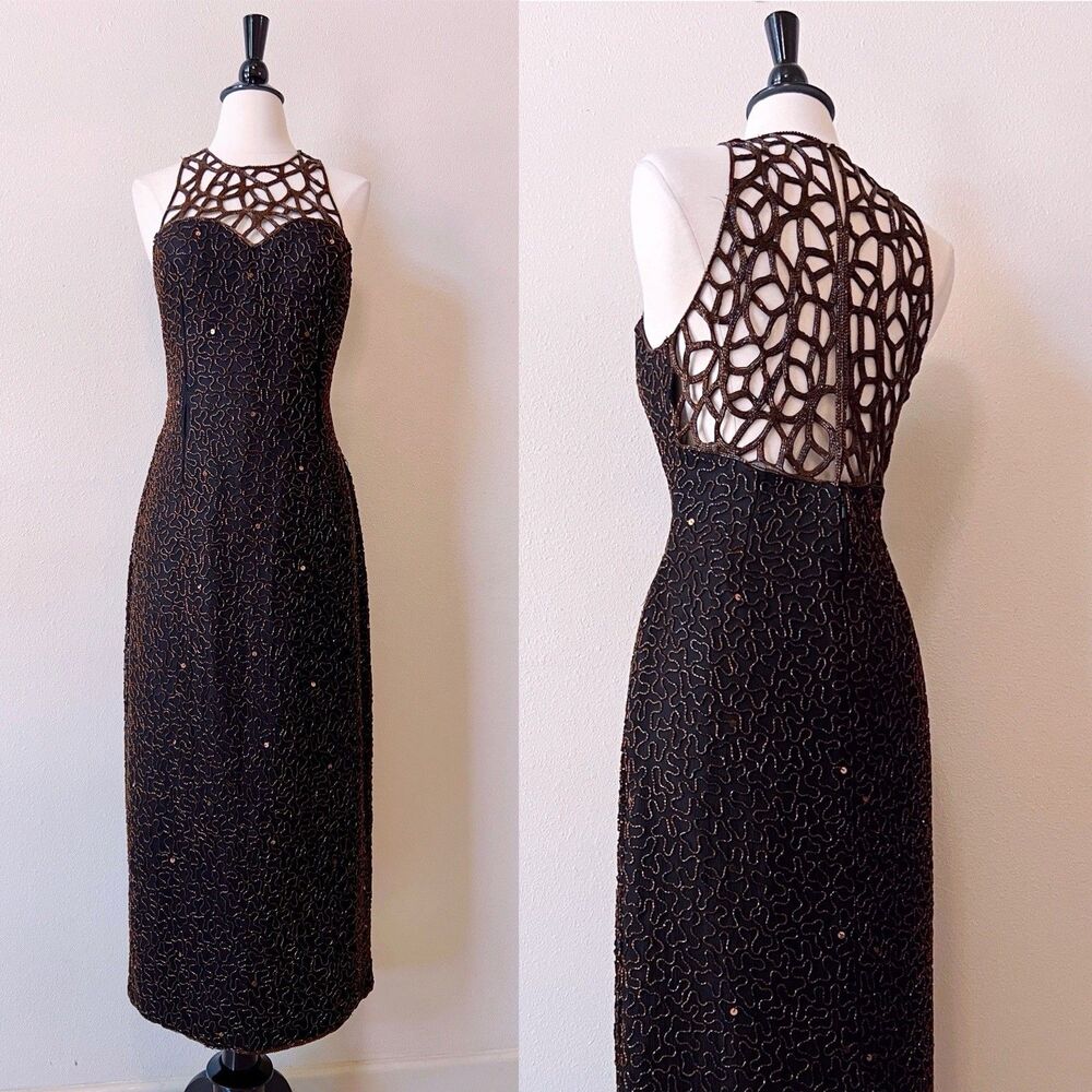 Vintage Scala Maxi Column Dress Medium Cutout Black Silk Beaded Formal Party Y2K
